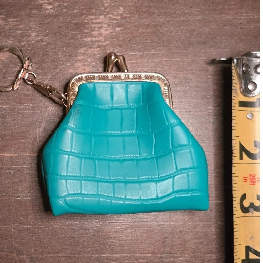 Vintage‎ Teal Mini Kiss Lock Coin Purse Keychain Faux Croc Y2K Retro